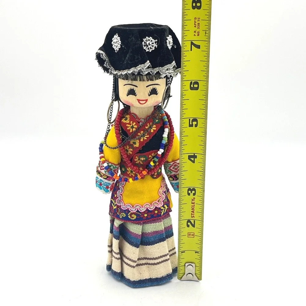 Vintage Chinese Yi Minority Ethnic Doll Hand Painted Wood‎ Traditional Costume
